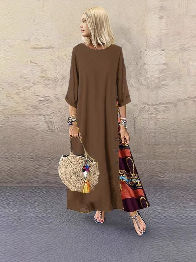 Floral Round Neck Contrast Color Button Dress