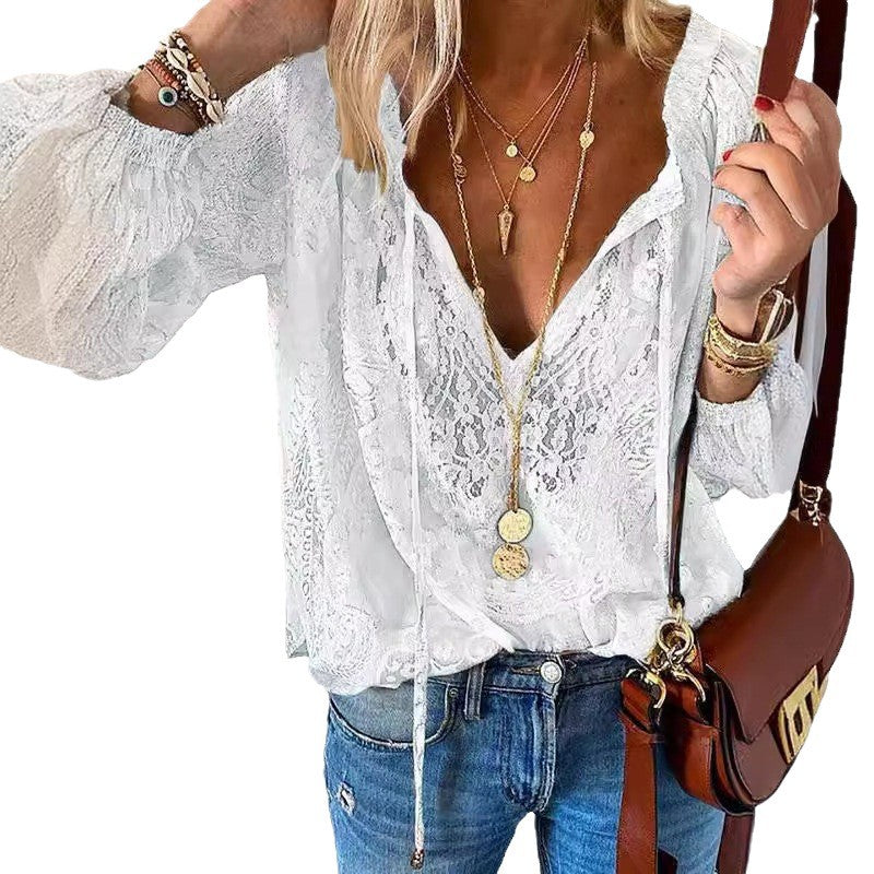 Temperament Commute Loose Printed Lace Solid Color Blouse
