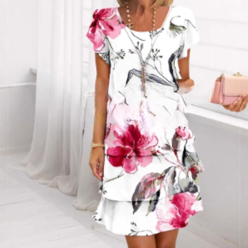 Sleeve Round Neck Printed Series Spring Dress