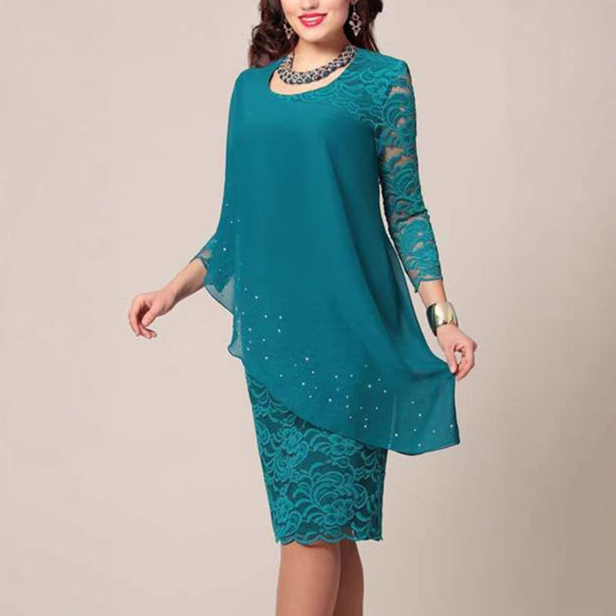 Large Solid Color Lace Stitching Elegant Cropped Dress