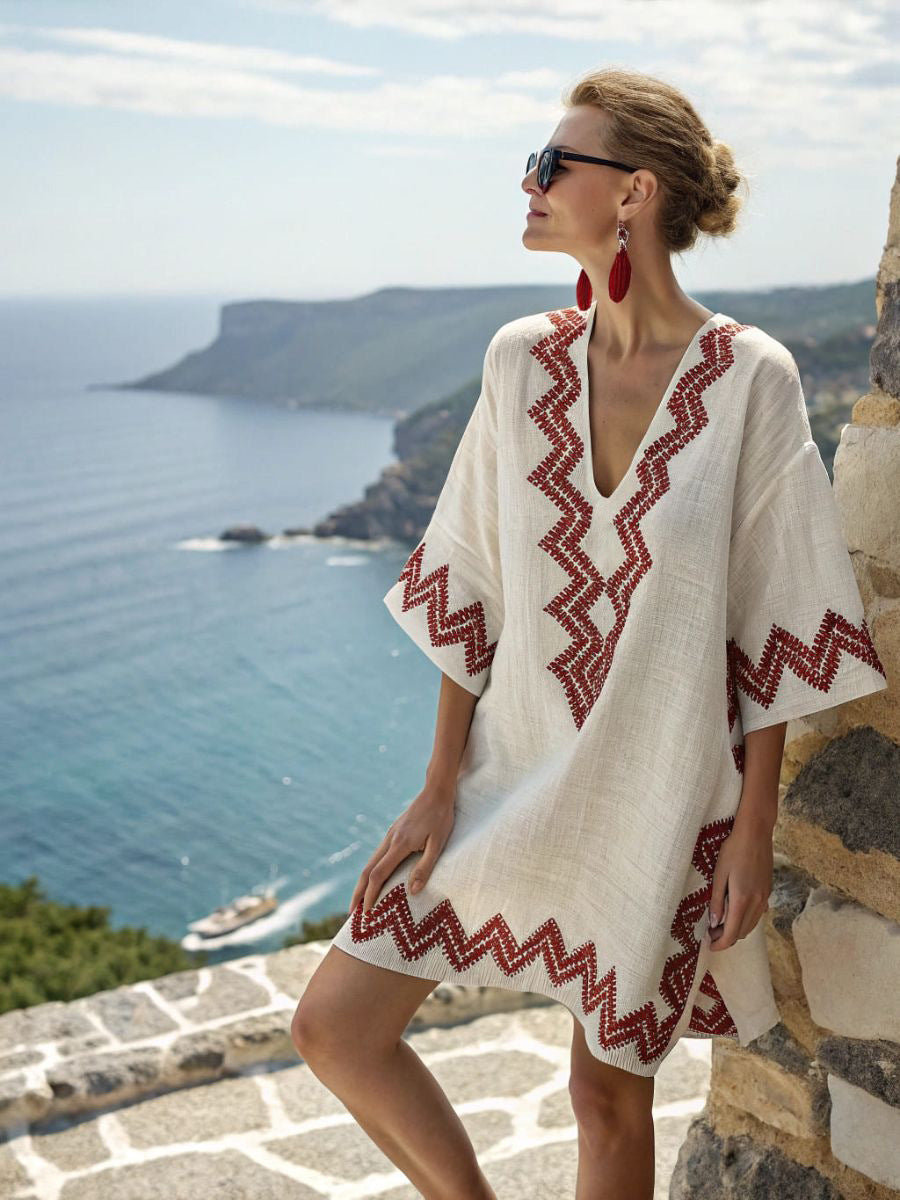 Women's Seaside Holiday Beach Printed Loose-fitting Mid-length Dress