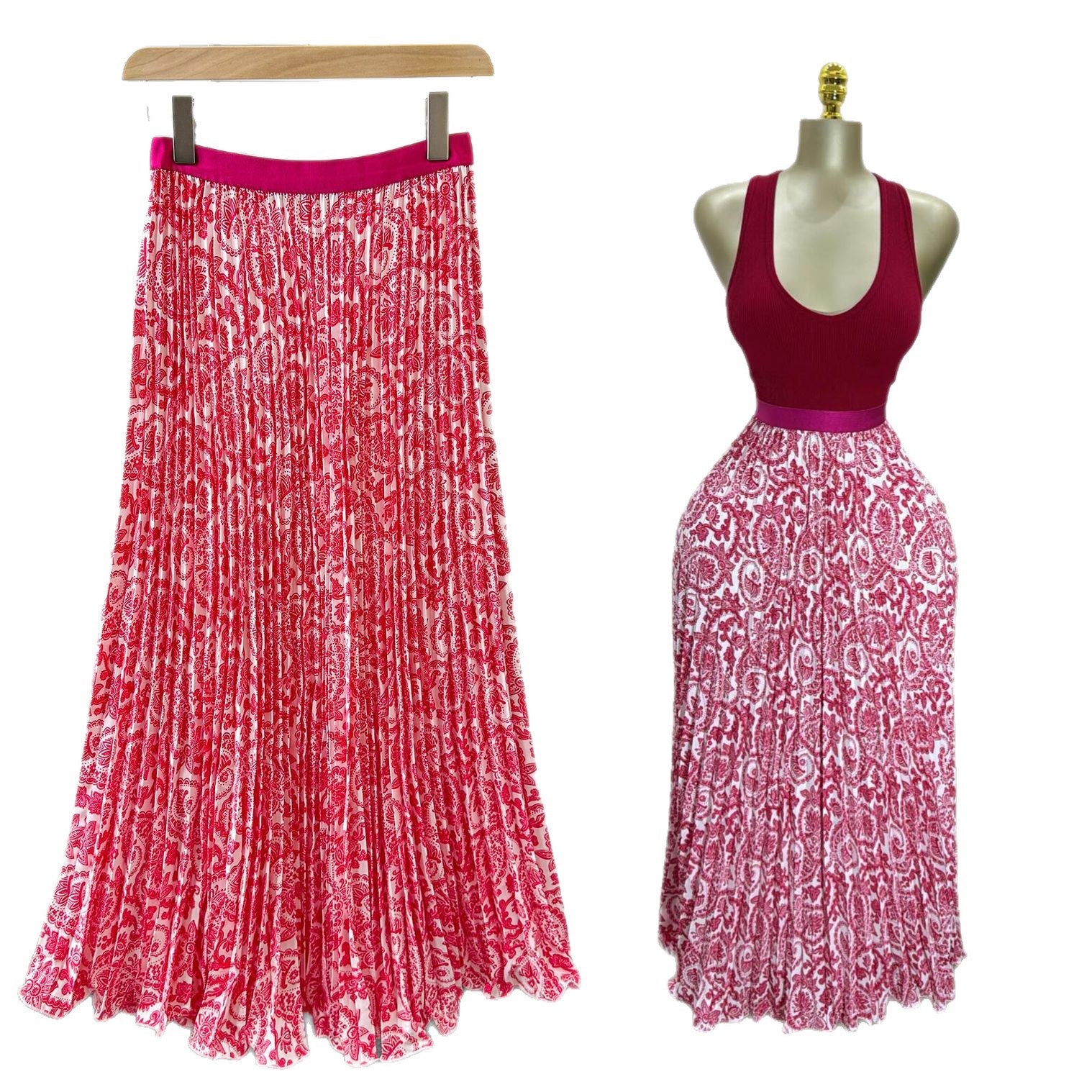 Women's High Waist A- Line Mid-length Pleated Large Skirt
