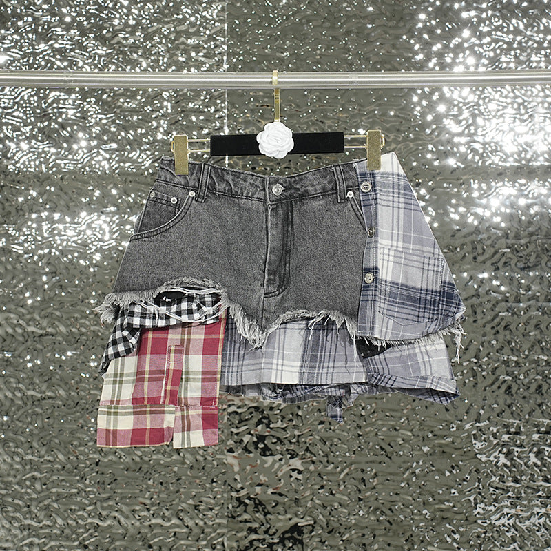Women's Designer Model Denim Summer Plaid Stitching Skirt