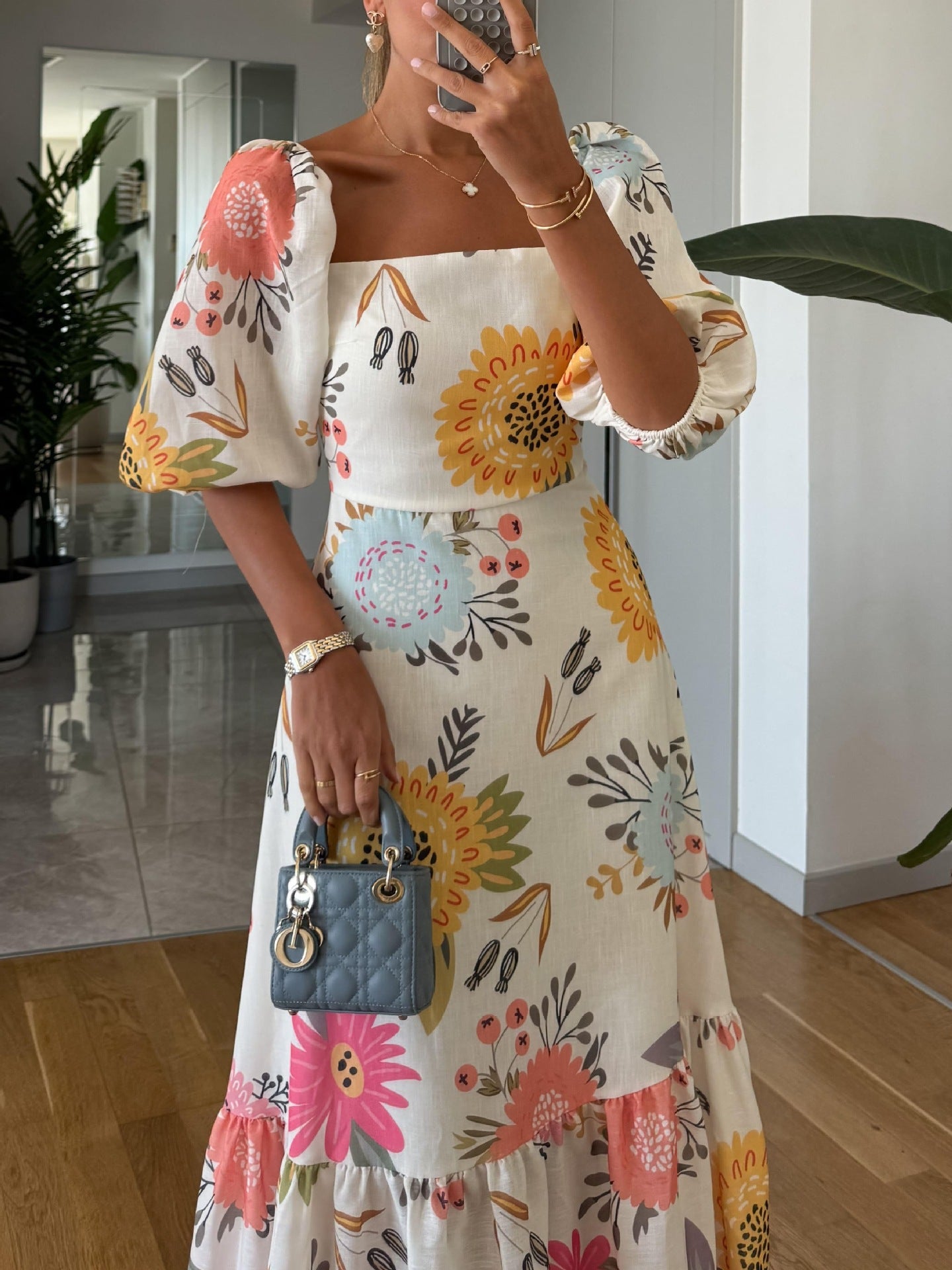 Women's Fashion Printed Puff Sleeve Large Swing Dress