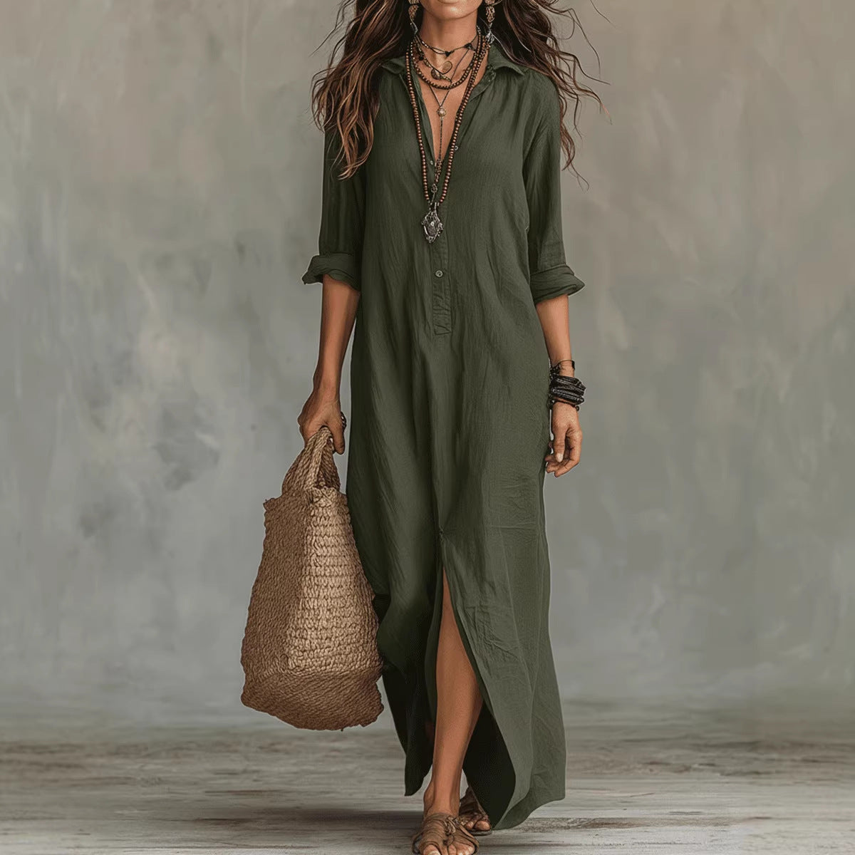 Casual Solid Color Polo Collar Front Dress