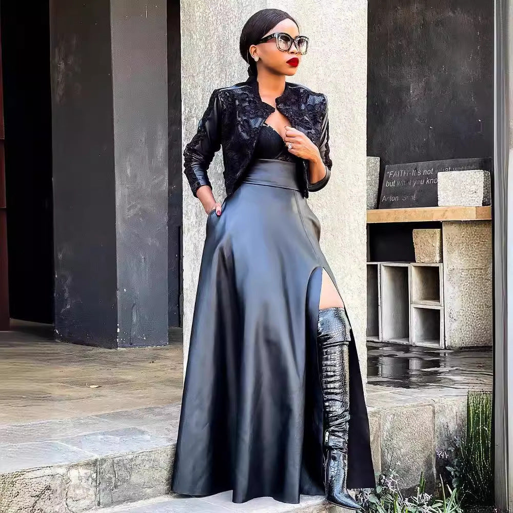 Classic Sexy Leather High Slit Irregular Skirts