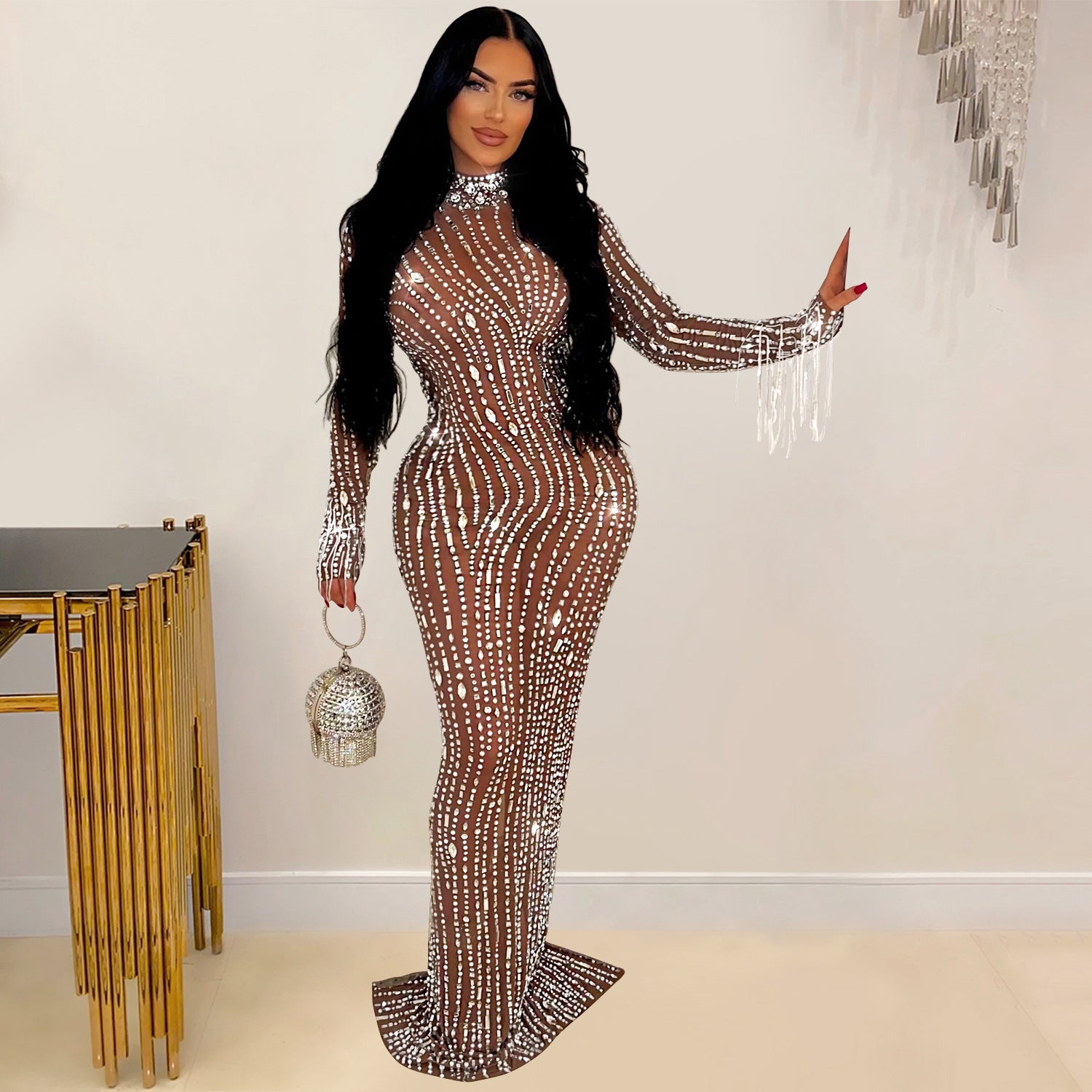 Women's Fashion Wear Pure Color Mesh Rhinestone Dress