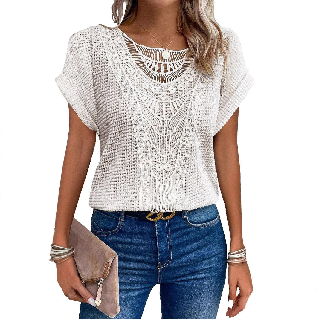 Fashion Beautiful Women's Lace Patchwork Short-sleeved Women's T-shirt