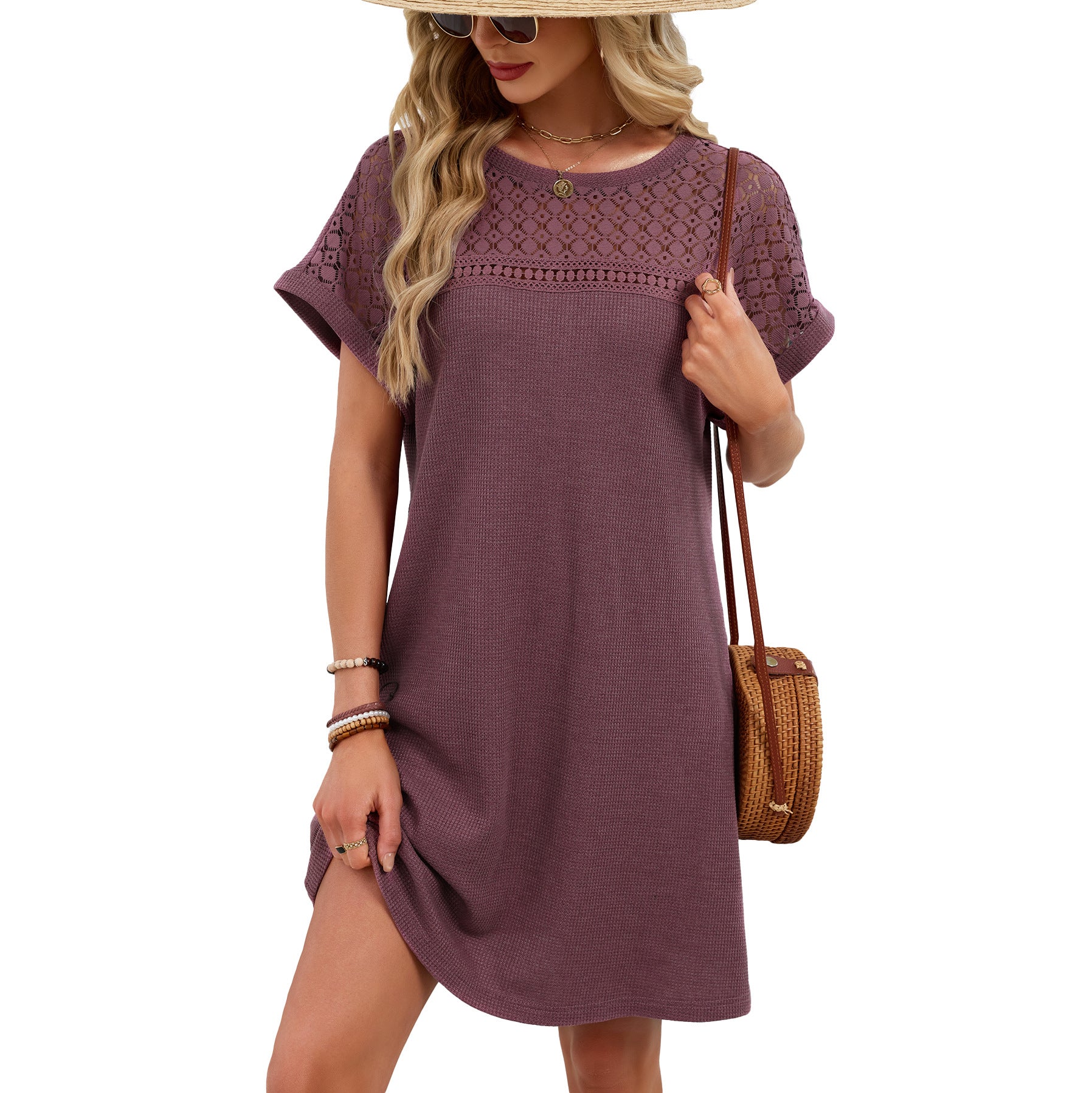 Solid Color Round Neck Lace Stitching Loose Dress