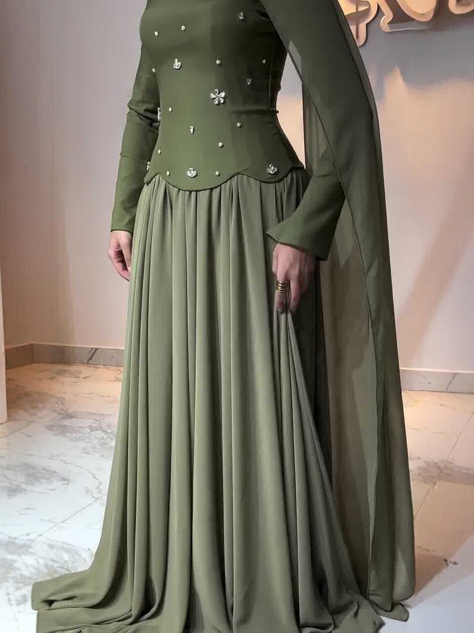 Women's Green Diamond Long Sleeves Elegant For Dress