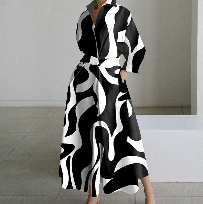Commute Fashion Collar Lining Elastic Waist Dress