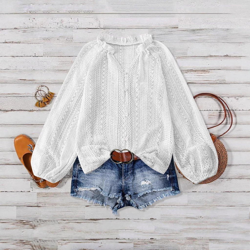 Loose Fashion Versatile Lace Single-breasted Long Sleeve Women's T-shirt