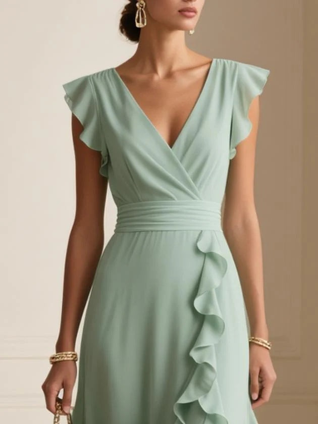 Women's Solid Color Pleated Sleeves Collar Long Dress