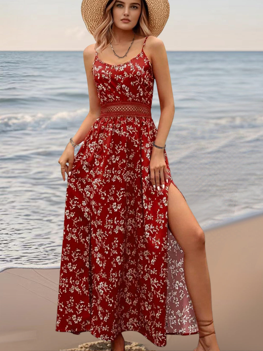 Warm Floral Sleeveless Split Holiday Lace Dress