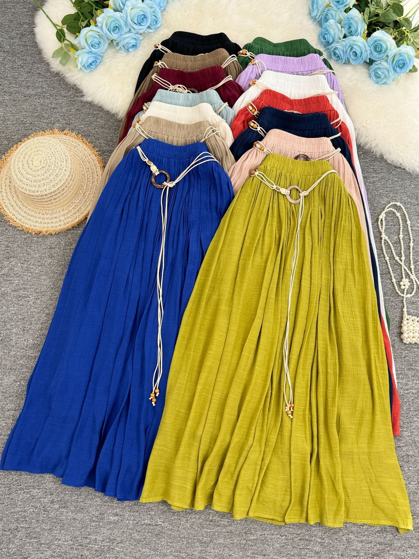Women's Cotton Linen Vacation Style Lazy Versatile Slimming A- Line Midi Skirts