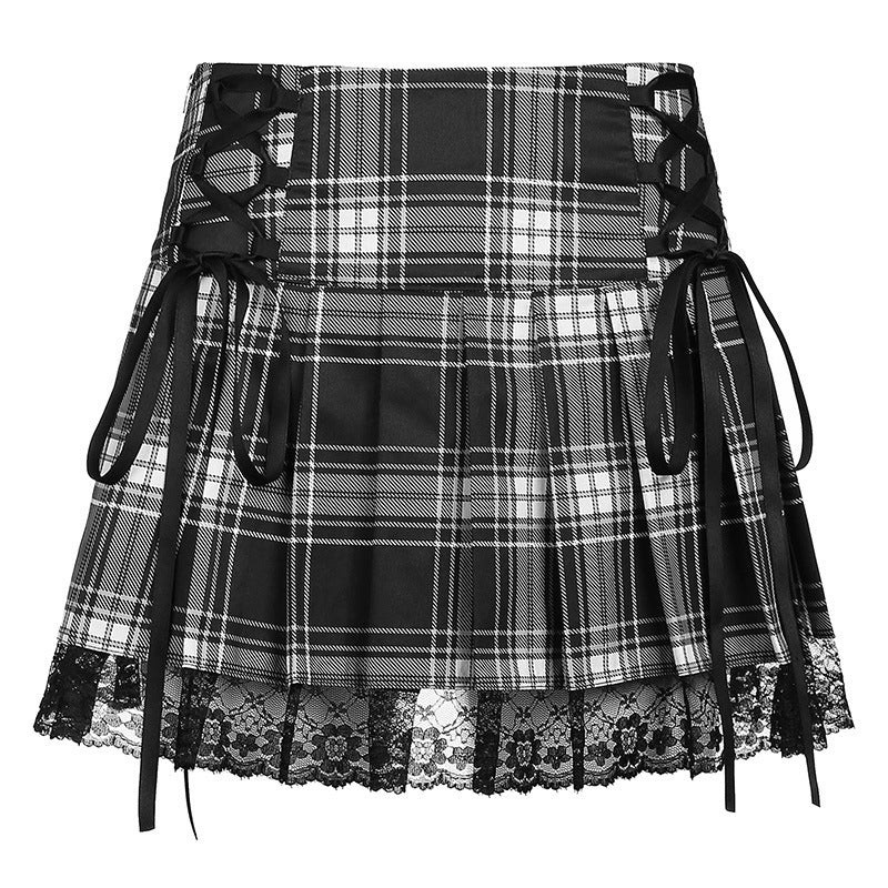 Winter Sexy Lace Plaid Pleated Sheath Skirts