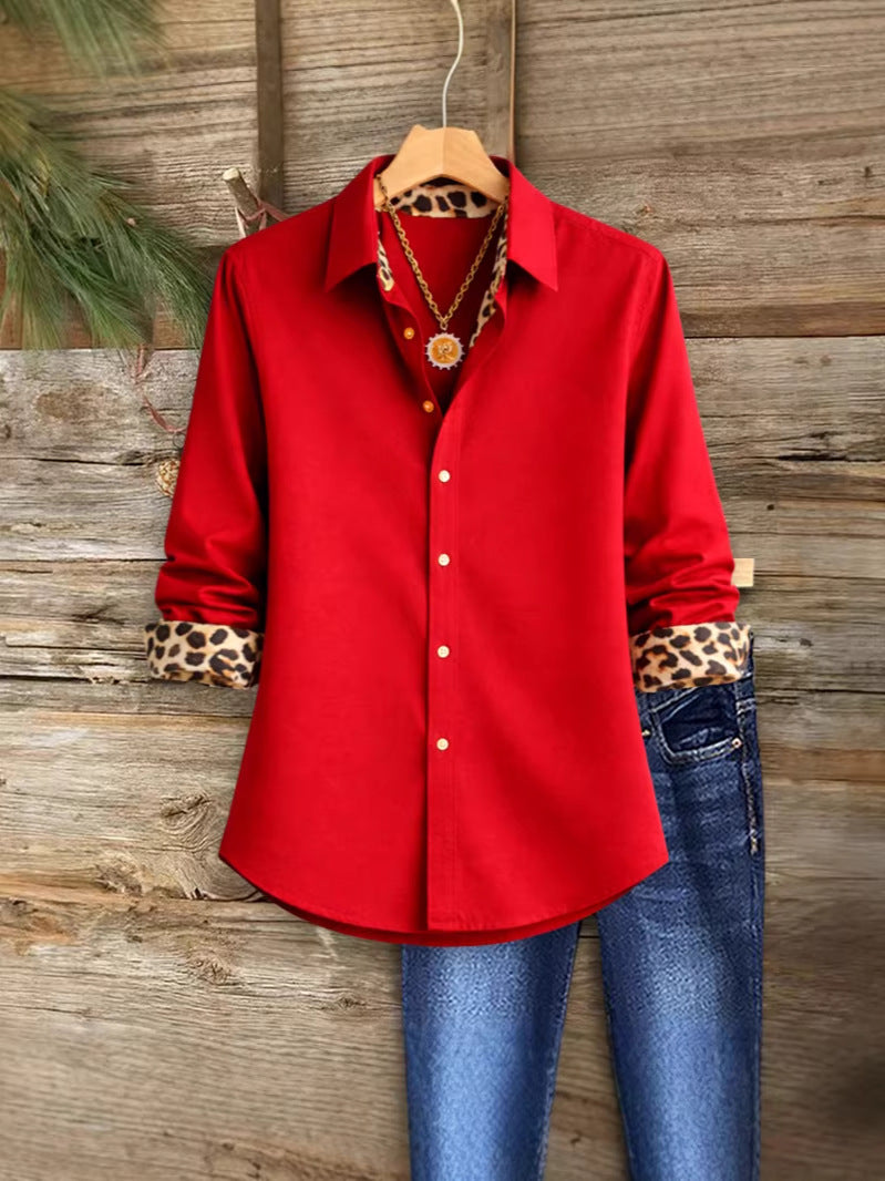 Women's Spring Solid Color Leopard Splicing Long Blouse