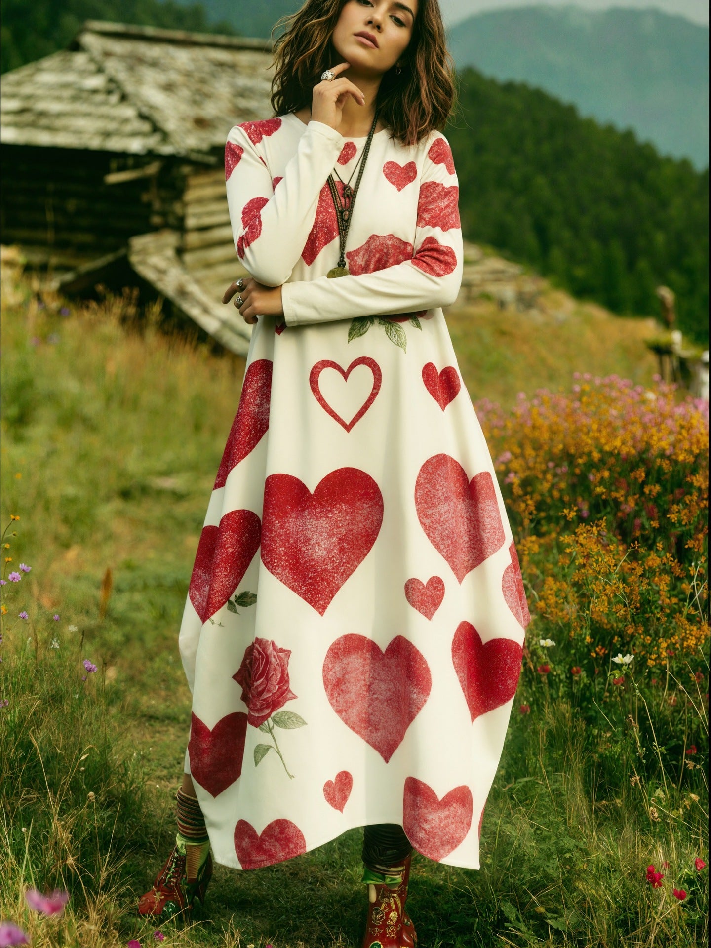 Women's Bohemian Heart Printing Round Neck Long Dress