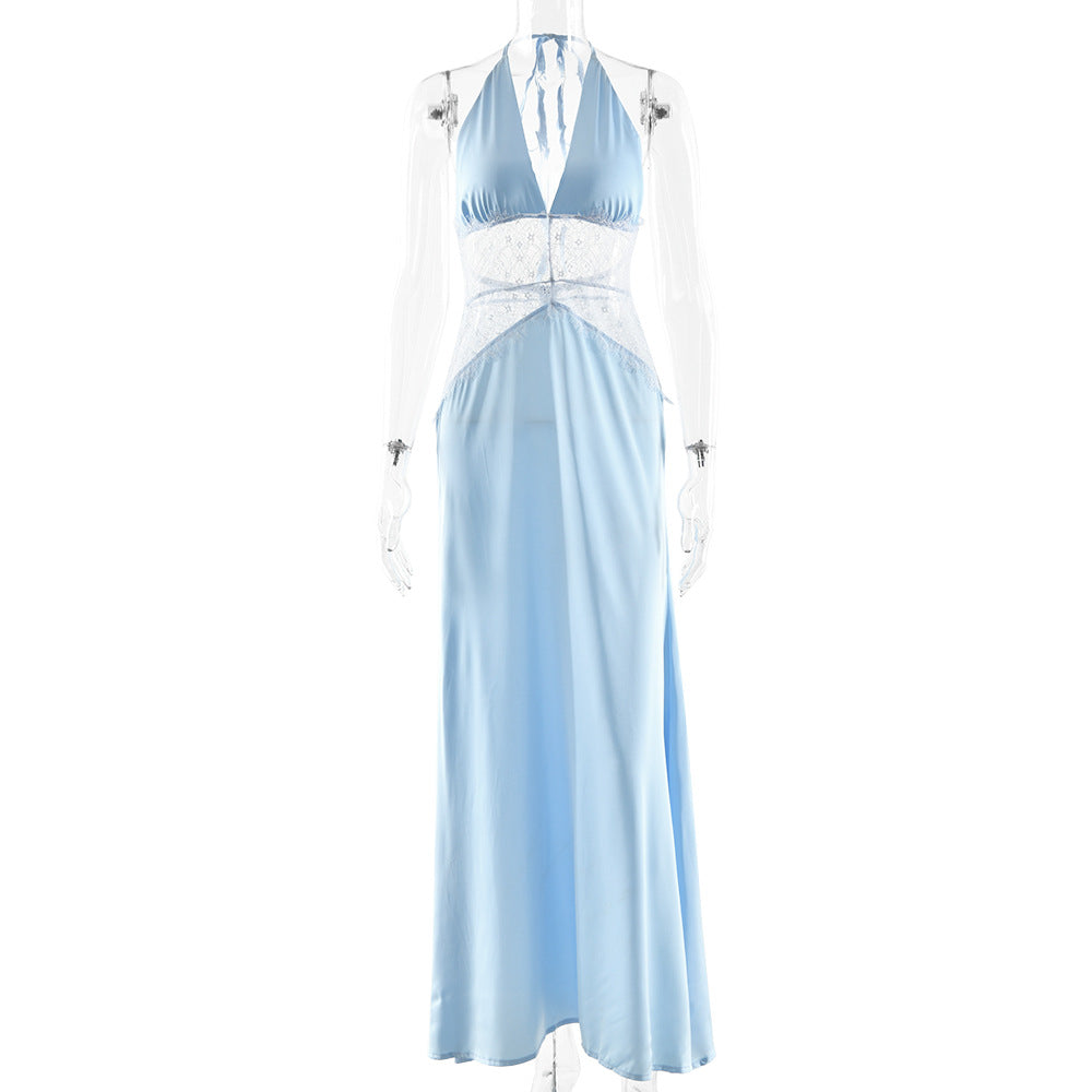 Summer Elegant Deep V Silky Satin Stitching Halter Dress