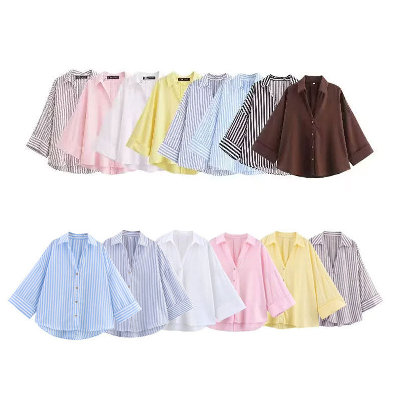 Women's Fashion Casual Lapel Striped Wide Sleeve Shirt Cotton Blouse