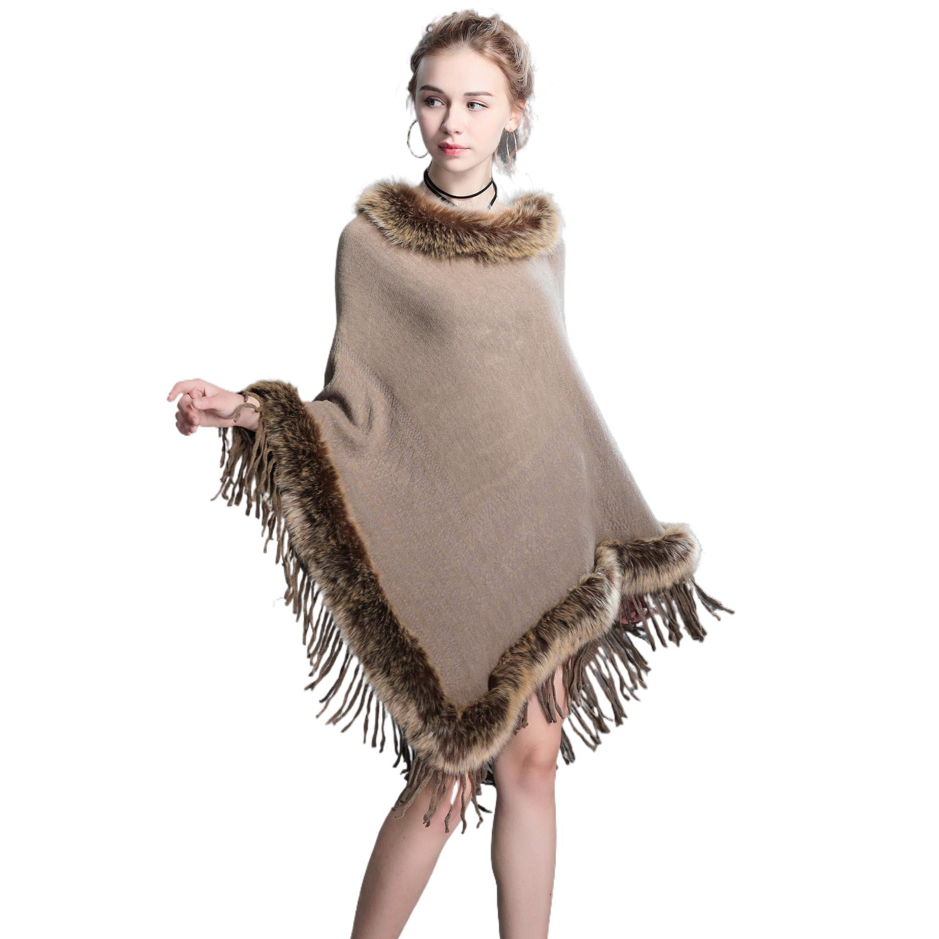 Women's Raccoon Fur Collar Shawl Cape Tassel Women's Sweater