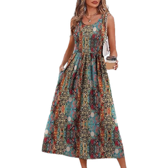 Women's Summer Printed Large Swing Sleeveless Pocket Dress