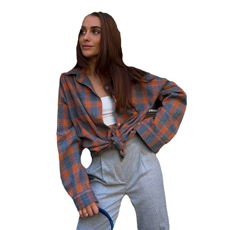Women's Retro Style Loose Shirt Fashion Plaid Blouse