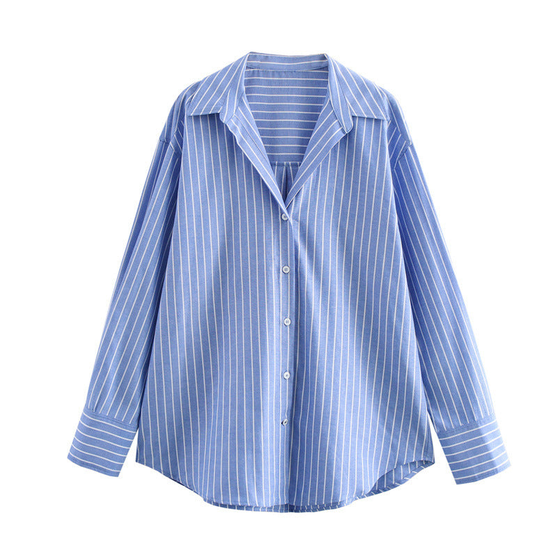 Women's Spring Fashion Striped Long Sleeves Lapel Simple Blouse