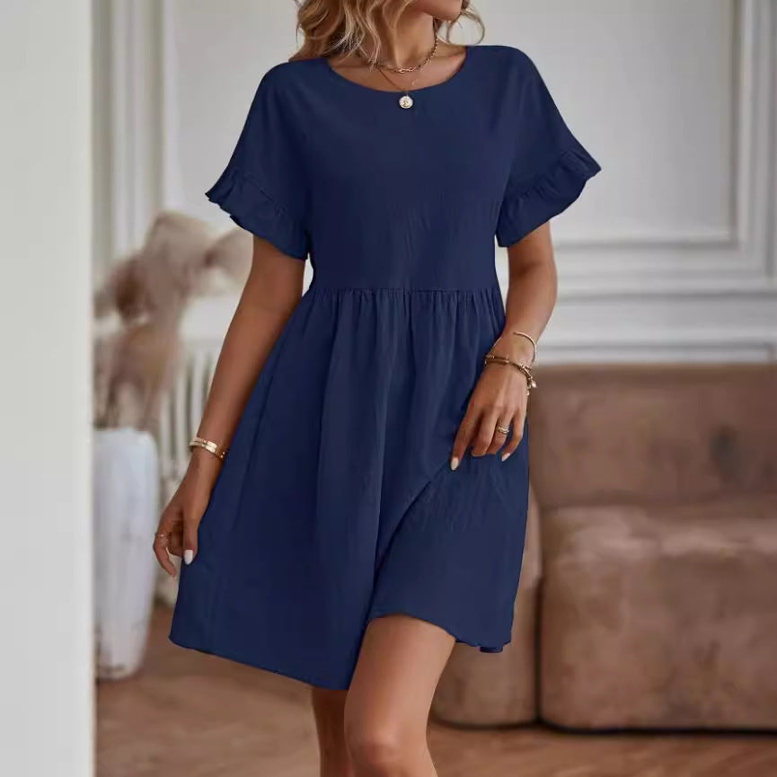 Women's Cotton Linen Round Neck Loose Pocket Skirts