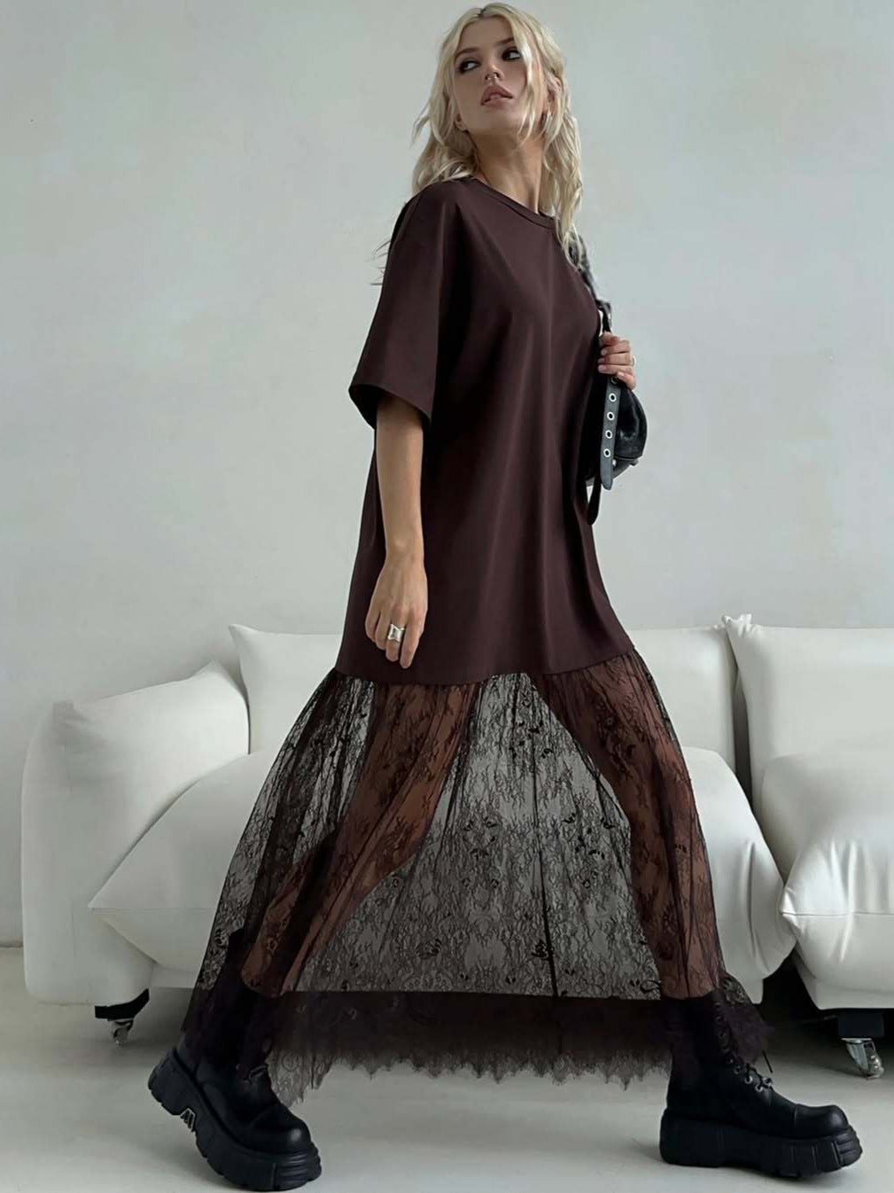 Women's Mesh Stitching Short-sleeved Dress For Summer Elegant Slimming Coffee Color Women's T-shirt