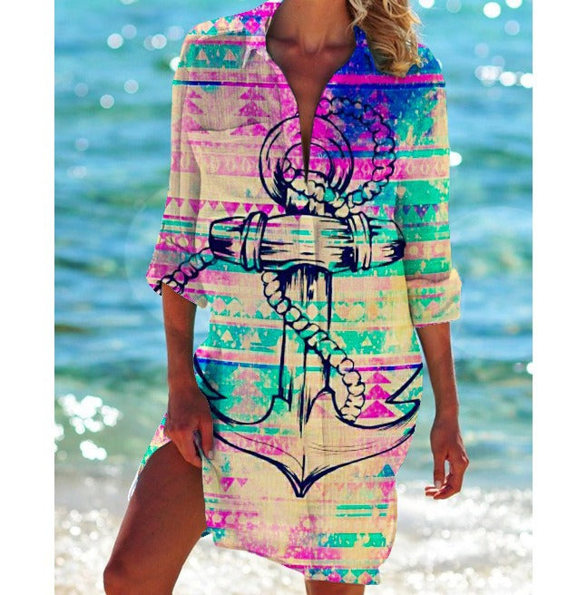 Women's Summer Printed Bikini Shirt Swimsuit Vacation Blouse