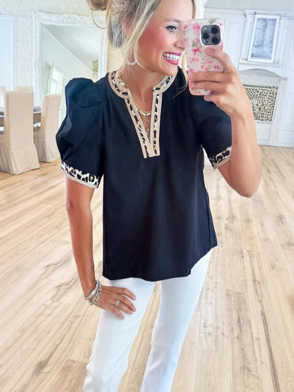 Pullover Leopard Print Contrast Color Puff Sleeve Fashionable Elegant Blouse