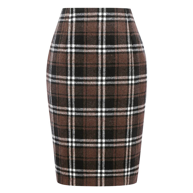 Women's Pencil Tartan High Waist Tight Hip Knee-length Dress
