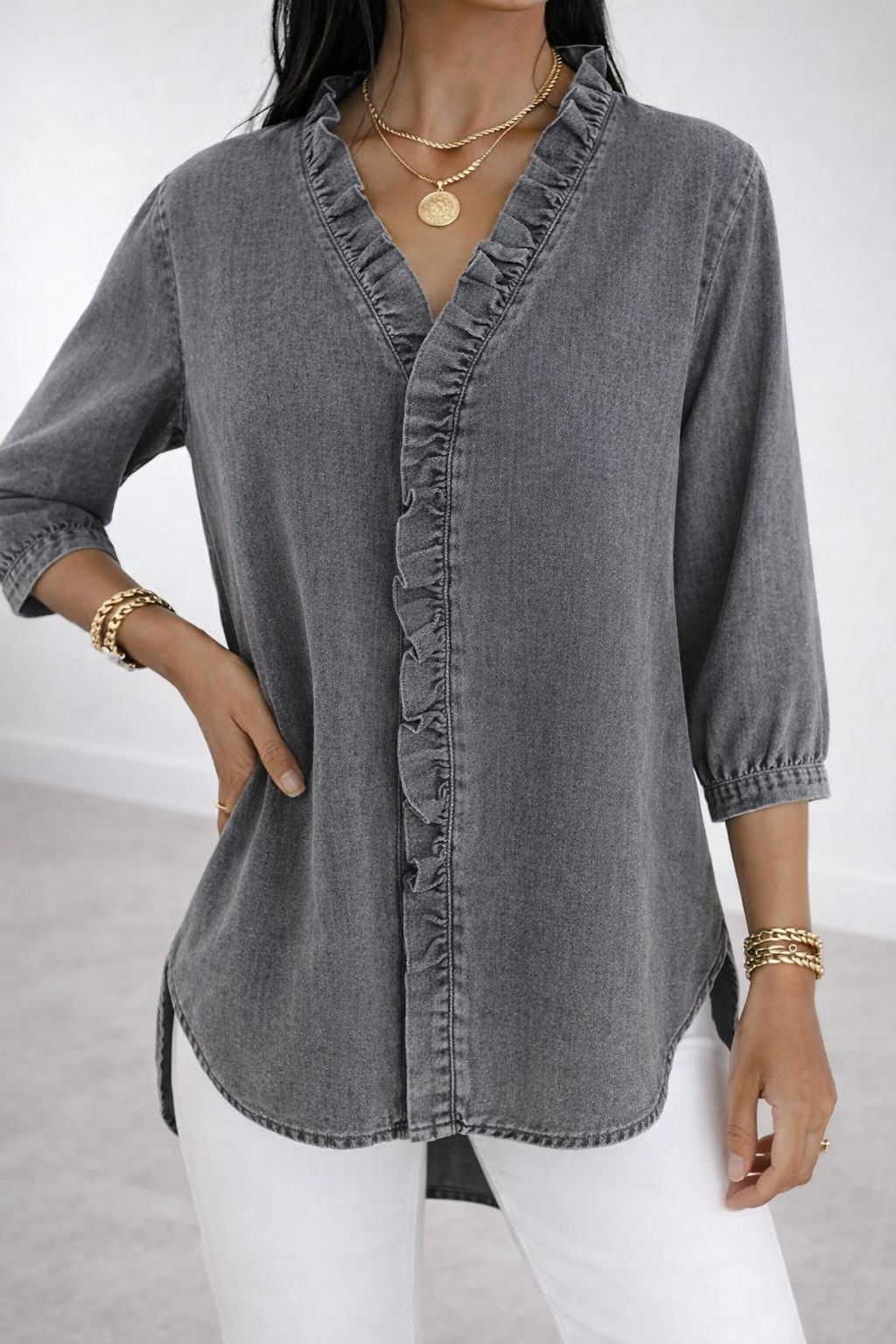 Women's Ruffled Casual Shirt Imitation Denim Ladies Blouse