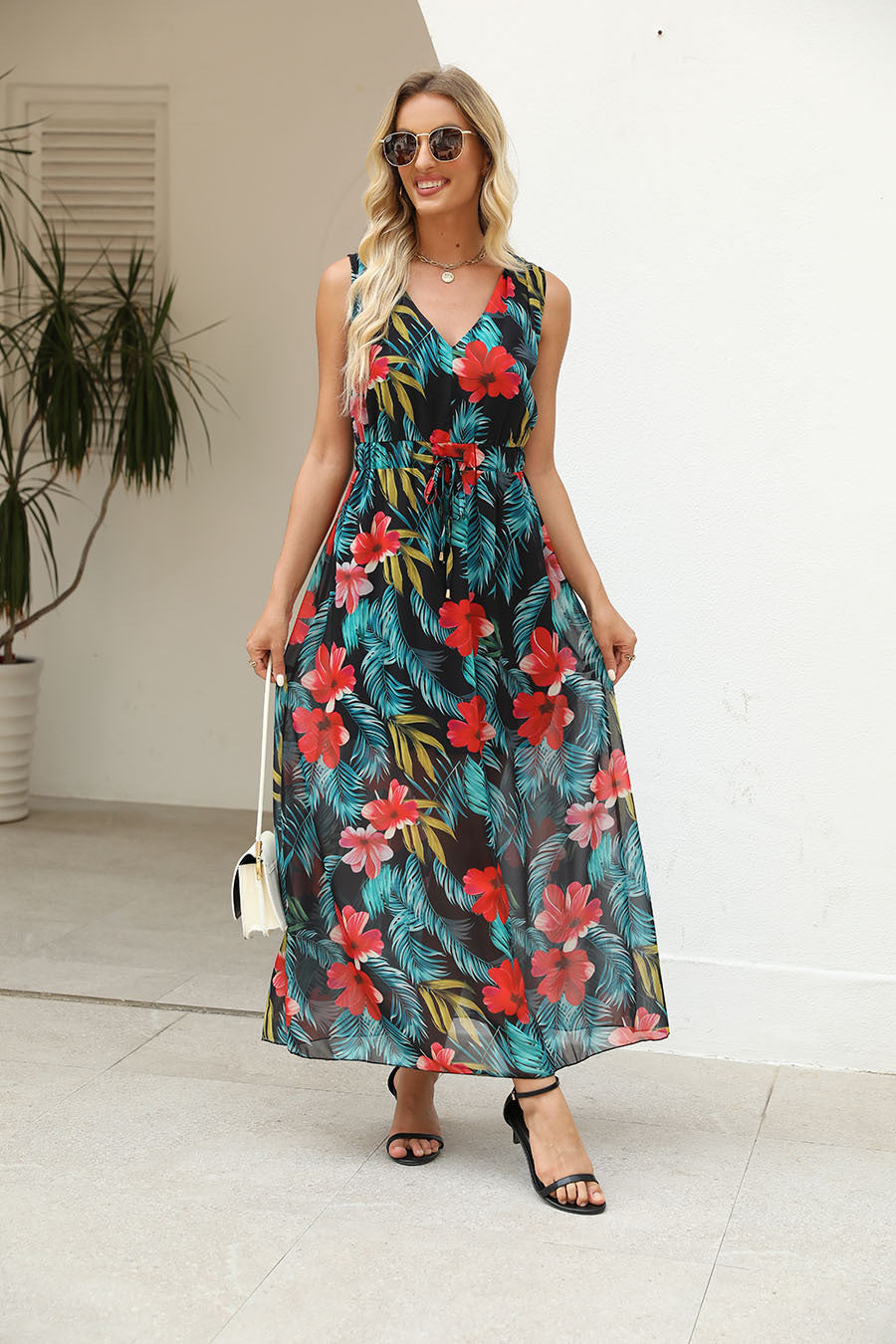 Trendy Summer Print Backless Lace Up Dress