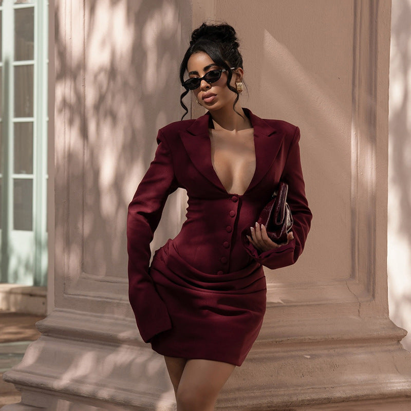 Women's Winter Casual Solid Color Deep Double-breasted Dress