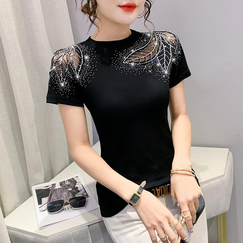 Women's Neck Fashion Hollow Lace Hot Drilling Slim Fit Women's T-shirt