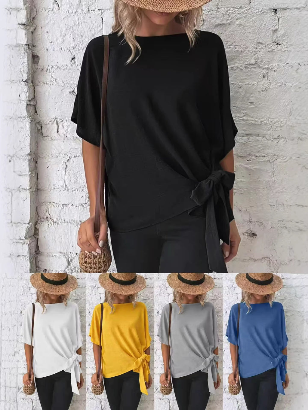 Women's Summer Solid Color Batwing Sleeve Knotted Women's T-shirt
