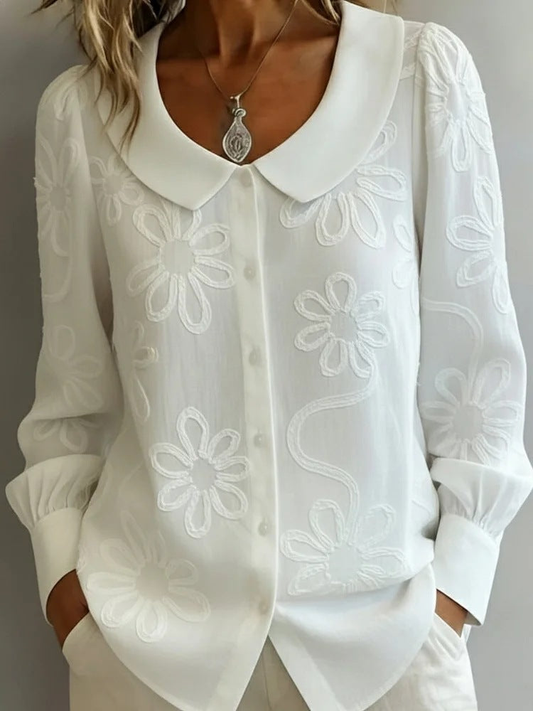 Embroidered Jacquard Doll Collar Long Sleeve Blouse