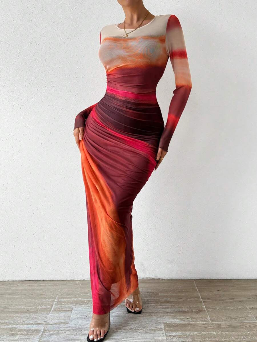 Fashion Mesh Printed Pleated Sexy Tight Round Dress