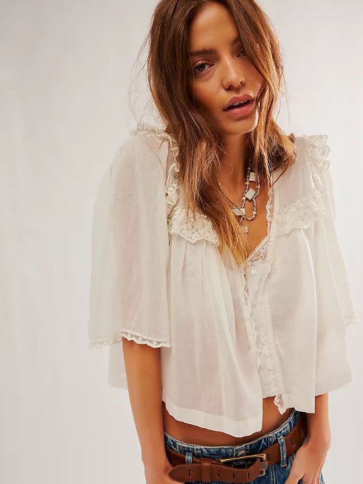Women's Lace Collar Pure Cotton Solid Color Loose Fashion Blouse