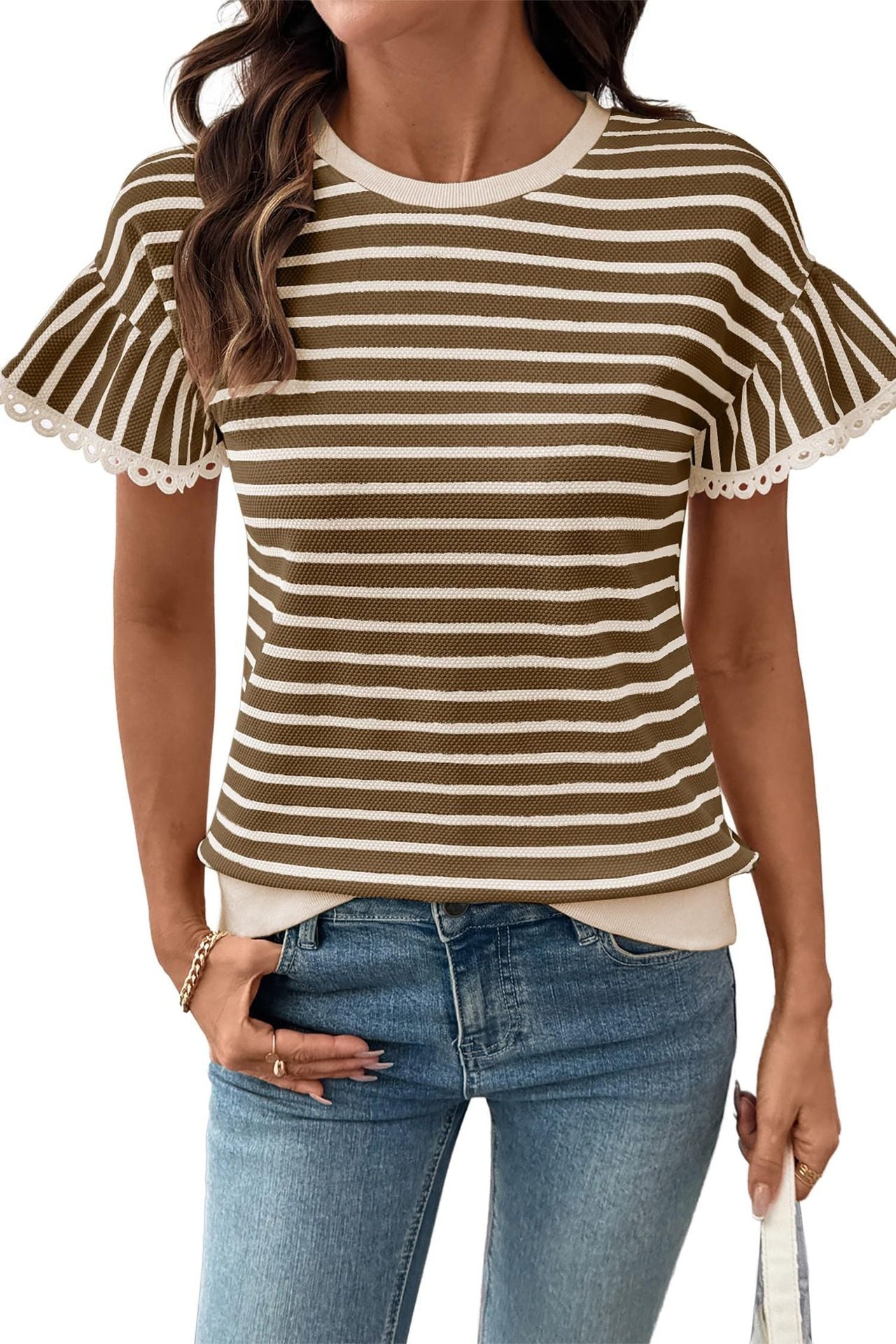 Women's Striped Lace Round Neck Sleeve Fashionable Tops