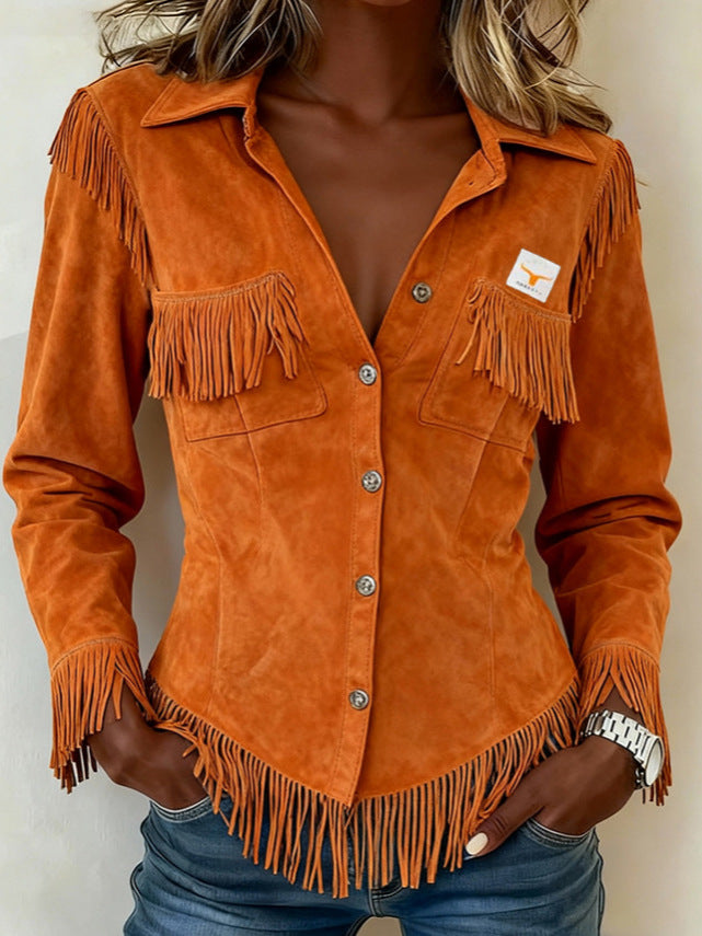Women's Autumn Brown Series Suede Tassel Long Sleeve Jackets