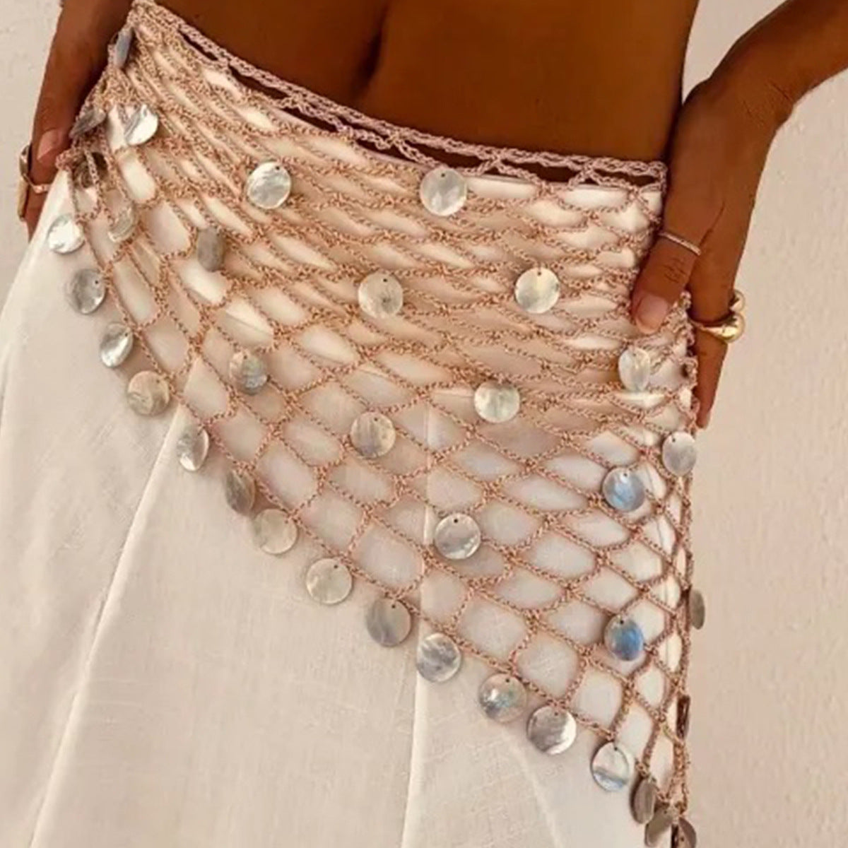 Summer Hollow Shiny Crystal Pendant Hand Crochet Skirt