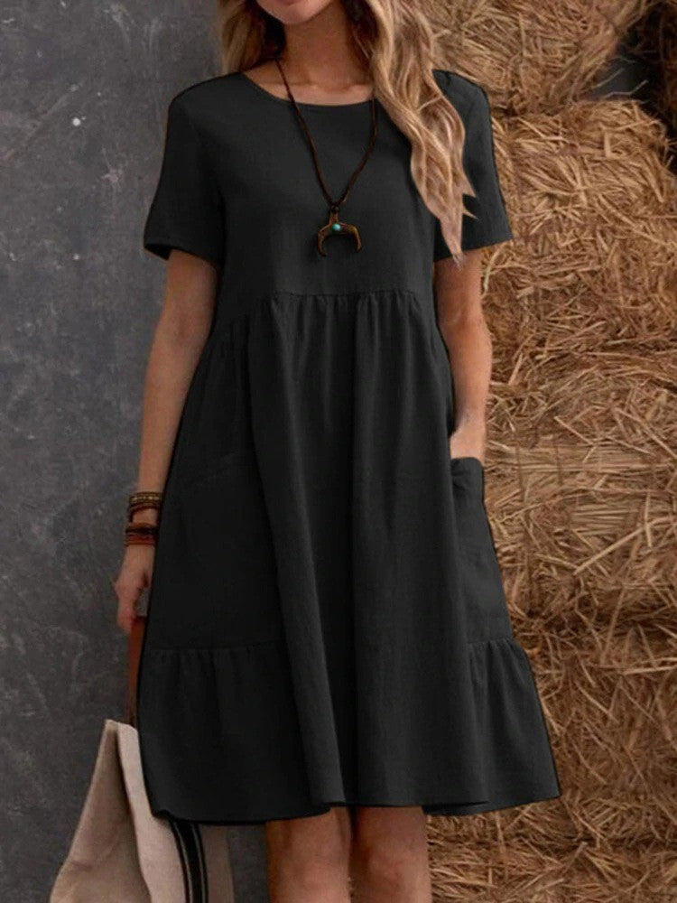Women's Loose Pockets Solid Color Round Neck Cotton Dress