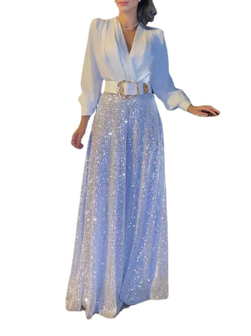 Long Sleeve Elegant Waist Slimming Deep Wide Pants