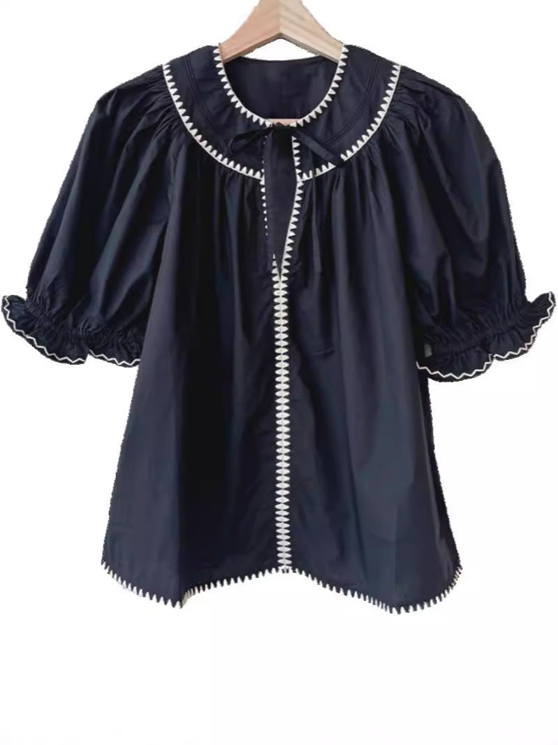 Water Soluble Shell Contrast Color Embroidered Shirt Puff Sleeve Tops