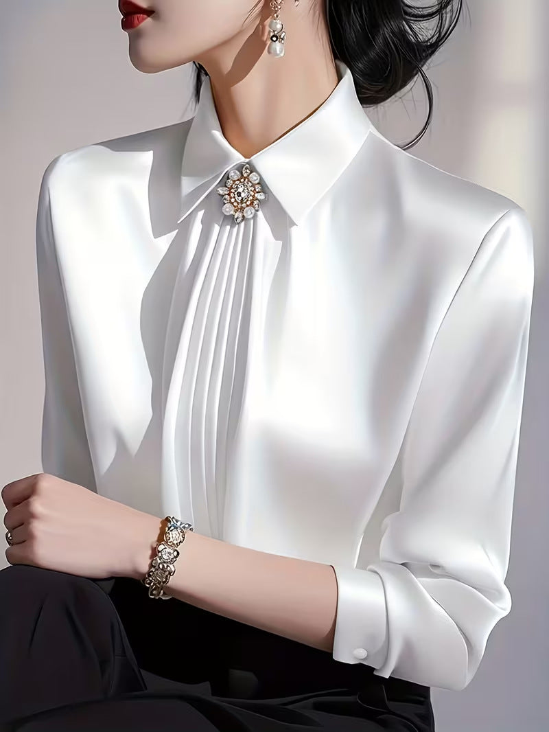 Elegant Graceful Satin Shirt Pleated Long Sleeve Leisure Blouse