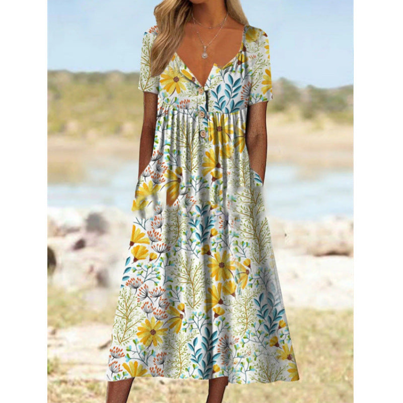 Women's Spring Printed Button Sleeve Pocket Dress