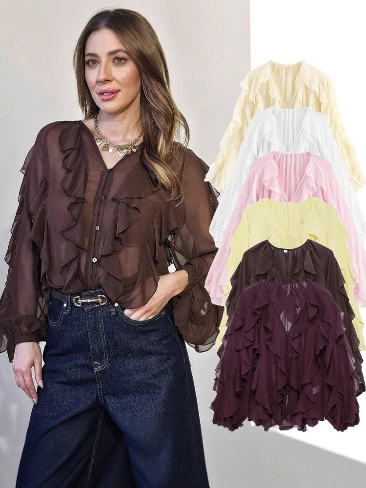 Women's Laminated Decoration Versatile Long Sleeve Shirt Tops